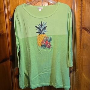 Tropical Pineapple Embroidered Green Women's Top